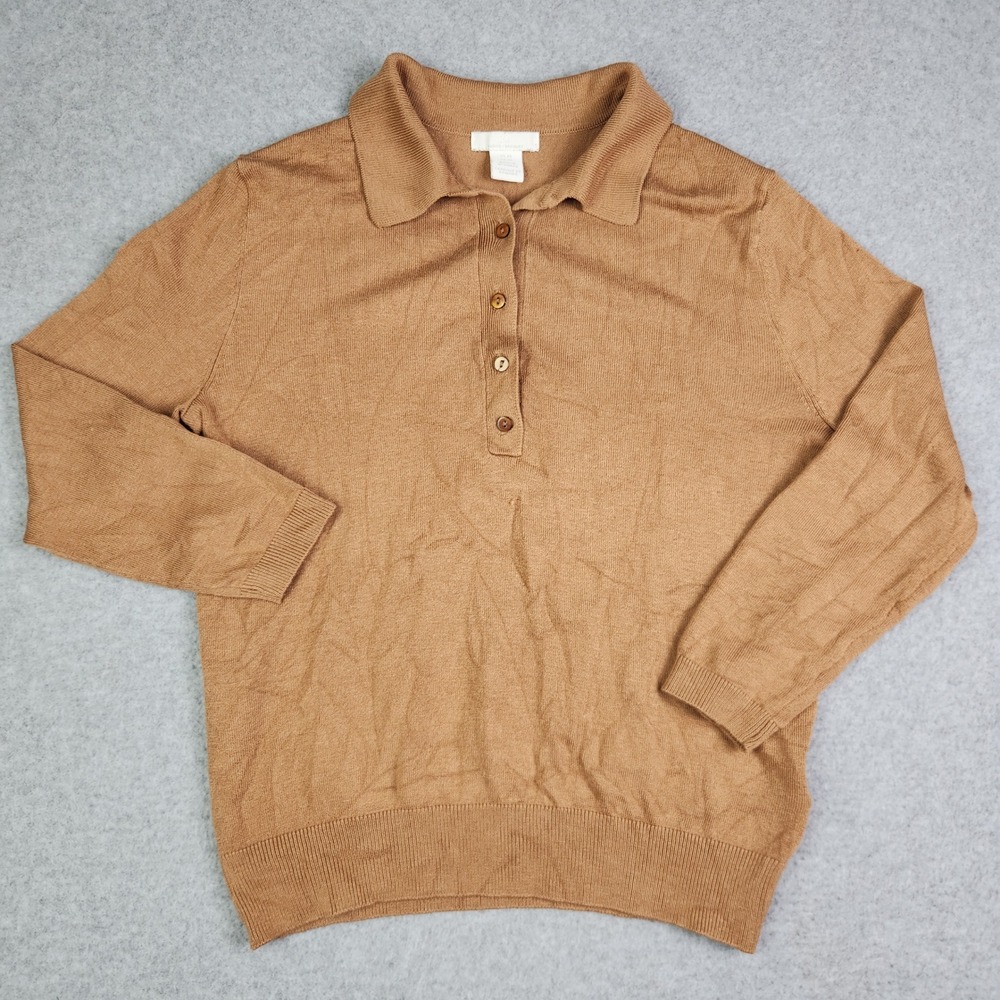 H&M Basics Polo Sweater Women's XS Brown Knit Classic Fit Long Sleeve Collared